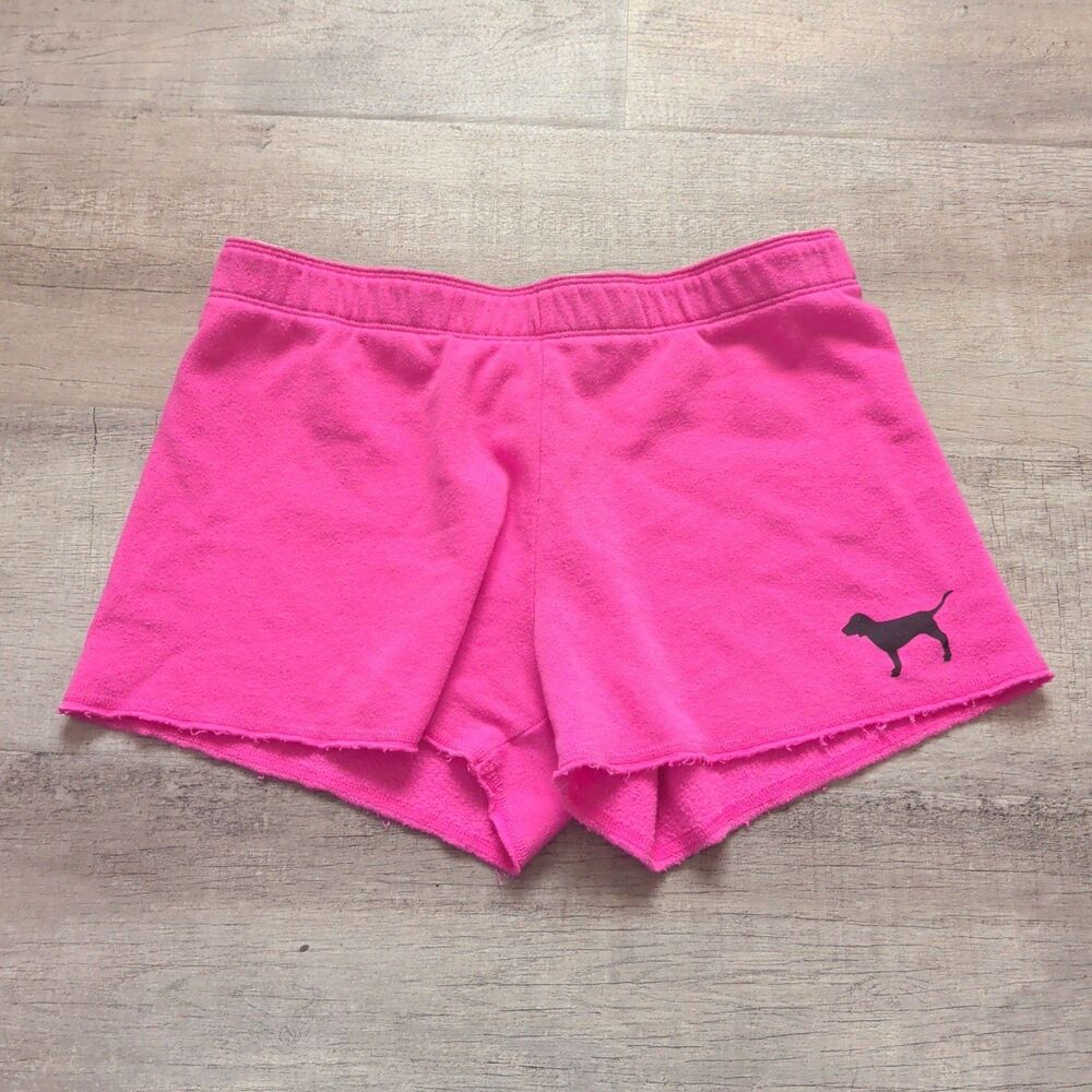 ​Victoria's Secret PINK Hot Pink Fleece Shorts Raw Hem Dog Logo Lounge Small S